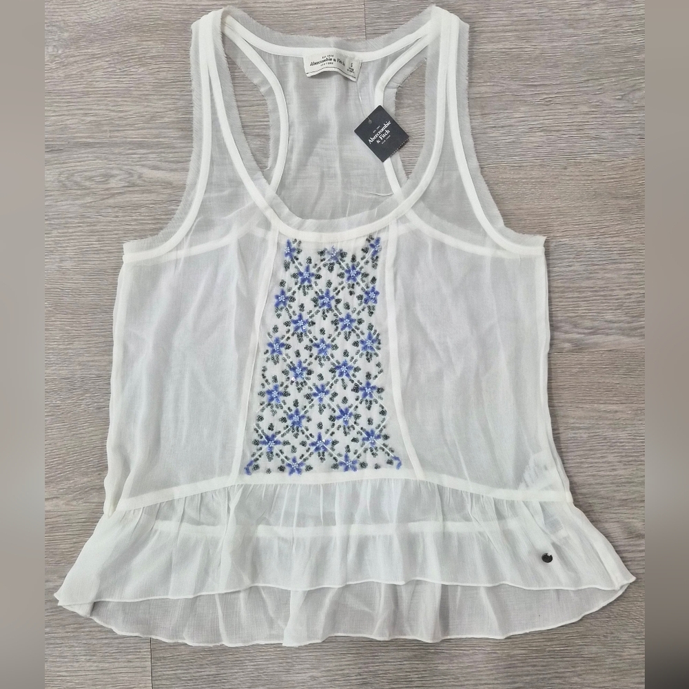 Abercrombie & Fitch White Tank with Blue Embroidery - Size Small - New With Tags